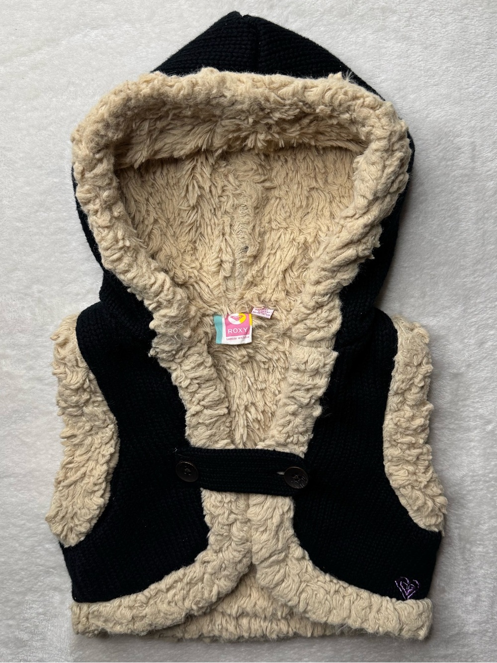 Roxy - Black Knit Hooded Vest with Cream Sherpa Lining